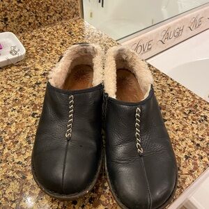UGG Black Leather Clogs with Cream Fur Lining